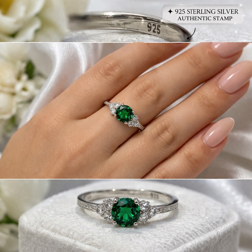 925 Sterling Silver Emerald Green CZ Ring Round Cut Halo Sz 10 Dainty minimalist